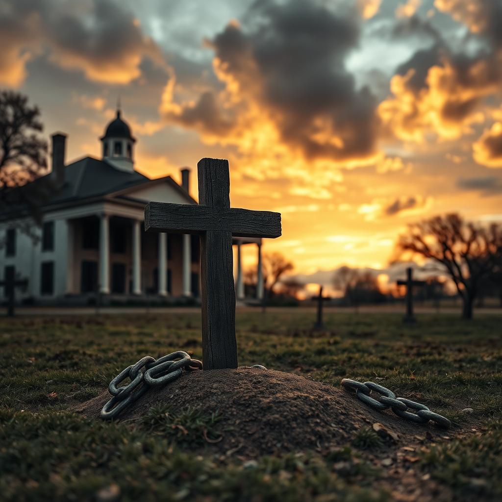 An atmospheric scene depicting an 1800's plantation, with a grand old house in the background reflecting historical architecture