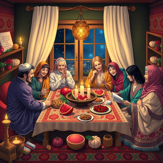 A beautiful and festive depiction of the Persian Yalda Night, showcasing a traditional family gathering