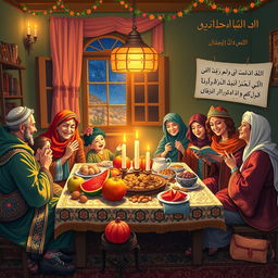 A beautiful and festive depiction of the Persian Yalda Night, showcasing a traditional family gathering