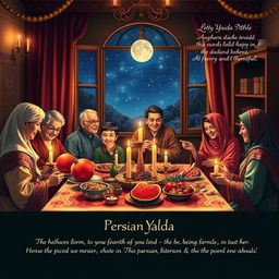 A beautiful and festive depiction of the Persian Yalda Night, showcasing a traditional family gathering
