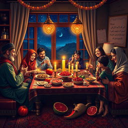 A beautiful and festive depiction of the Persian Yalda Night, showcasing a traditional family gathering