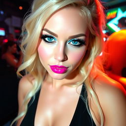A stunning 19-year-old blonde woman with large breasts and captivating crystal blue eyes