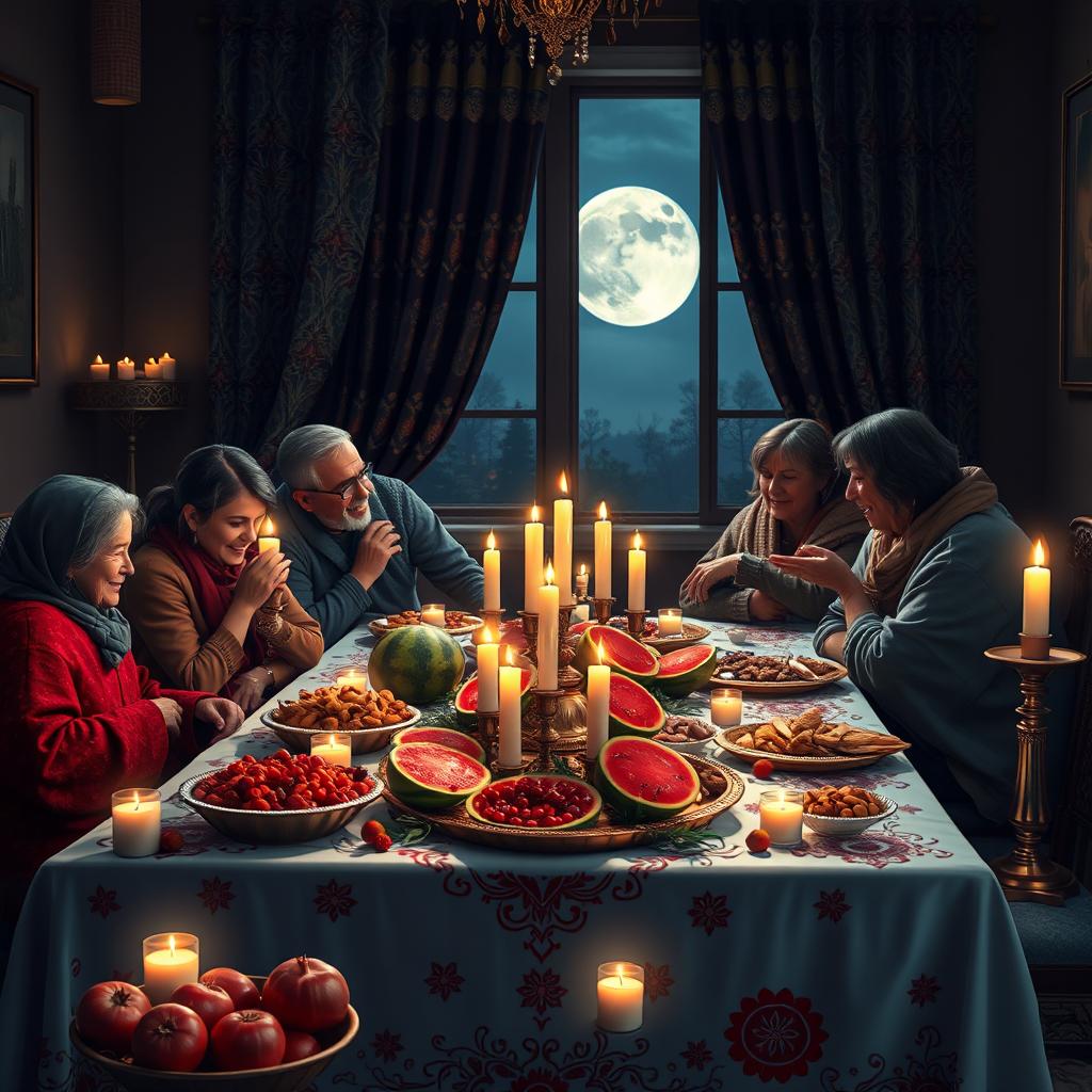 A stunning depiction of Yalda Night, featuring a beautifully decorated table with traditional Iranian symbols