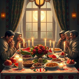 A stunning depiction of Yalda Night, featuring a beautifully decorated table with traditional Iranian symbols