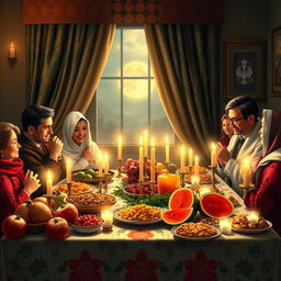 A stunning depiction of Yalda Night, featuring a beautifully decorated table with traditional Iranian symbols