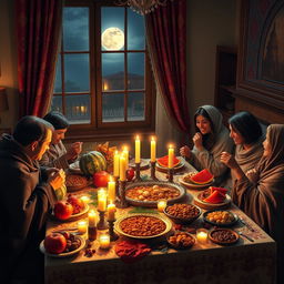 A stunning depiction of Yalda Night, featuring a beautifully decorated table with traditional Iranian symbols