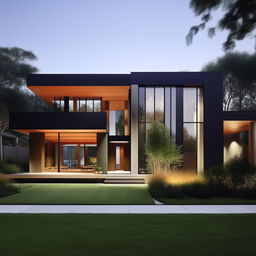 Design a visually striking representation of a modern house exterior featuring clean lines, large windows, and contemporary materials. Include a manicured garden for a touch of nature.