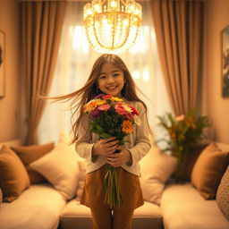 A beautiful indoor scene featuring a girl in the center, surrounded by soft, warm lighting