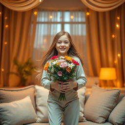 A beautiful indoor scene featuring a girl in the center, surrounded by soft, warm lighting