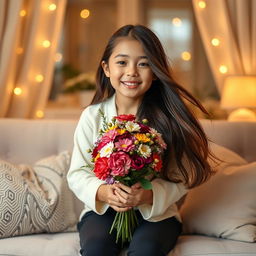 A beautiful indoor scene featuring a girl in the center, surrounded by soft, warm lighting