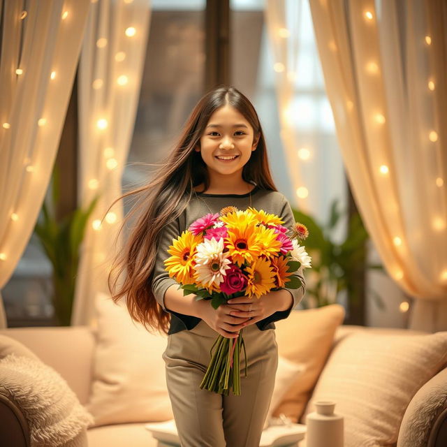 A beautiful indoor scene featuring a girl in the center, surrounded by soft, warm lighting