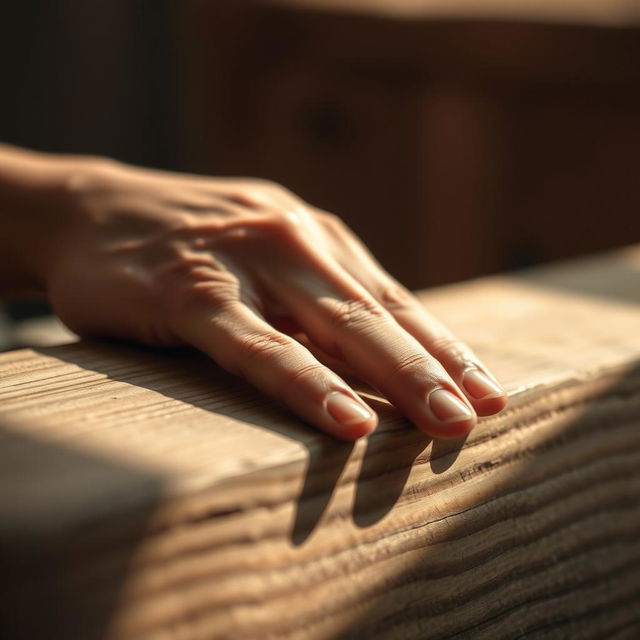 A close-up view of a human hand gently resting on a textured surface, showcasing fine details like wrinkles and veins