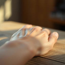 A close-up view of a human hand gently resting on a textured surface, showcasing fine details like wrinkles and veins