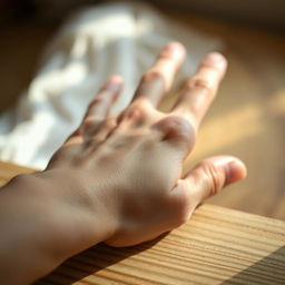 A close-up view of a human hand gently resting on a textured surface, showcasing fine details like wrinkles and veins