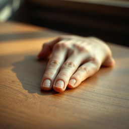 A close-up view of a human hand gently resting on a textured surface, showcasing fine details like wrinkles and veins