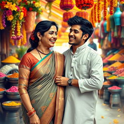 An artistic representation of an Indian woman and her teenage son, showcasing a strong mother-son bond in a vibrant, culturally rich setting