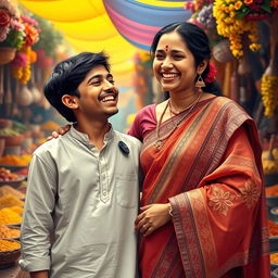 An artistic representation of an Indian woman and her teenage son, showcasing a strong mother-son bond in a vibrant, culturally rich setting