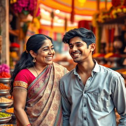 An artistic representation of an Indian woman and her teenage son, showcasing a strong mother-son bond in a vibrant, culturally rich setting