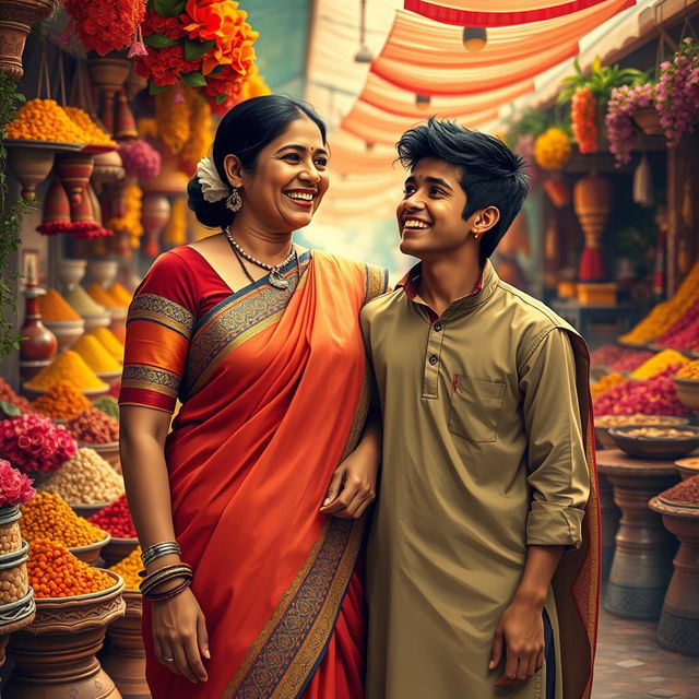 An artistic representation of an Indian woman and her teenage son, showcasing a strong mother-son bond in a vibrant, culturally rich setting