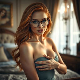 A stunning, confident ginger woman with beautiful flowing hair and stylish glasses, posed elegantly in an alluring manner, showcasing her natural beauty and grace