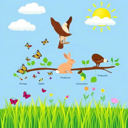 A simple food chain illustration featuring a vibrant ecosystem