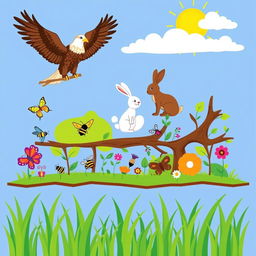 A simple food chain illustration featuring a vibrant ecosystem