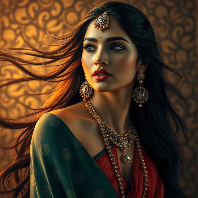 A captivating artistic representation of an Indian woman with a strong, graceful presence