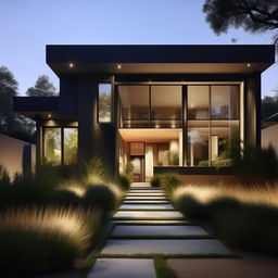 Design a visually striking representation of a modern house exterior featuring clean lines, large windows, and contemporary materials. Include a manicured garden for a touch of nature.