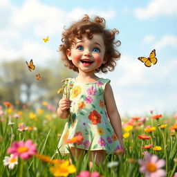 A playful scene featuring a charming 7-year-old British girl with curly brown hair and bright blue eyes