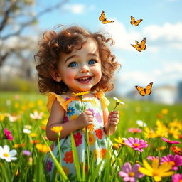 A playful scene featuring a charming 7-year-old British girl with curly brown hair and bright blue eyes