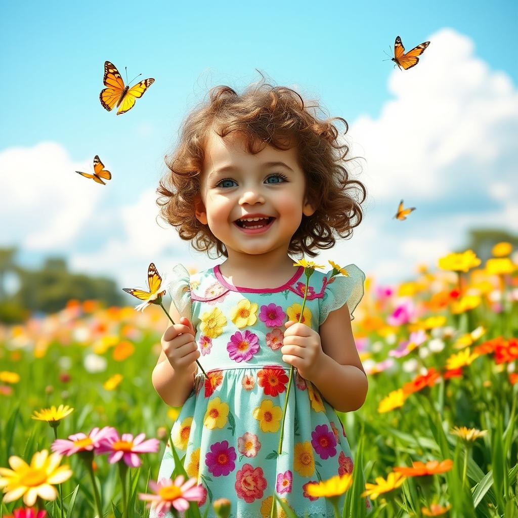 A playful scene featuring a charming 7-year-old British girl with curly brown hair and bright blue eyes