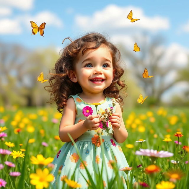 A playful scene featuring a charming 7-year-old British girl with curly brown hair and bright blue eyes