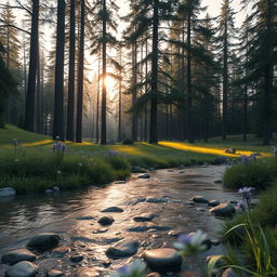 A serene and elegant landscape featuring a lush forest with tall, majestic trees, bathed in soft, dappled sunlight