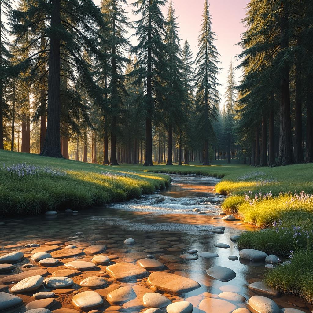A serene and elegant landscape featuring a lush forest with tall, majestic trees, bathed in soft, dappled sunlight