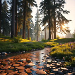 A serene and elegant landscape featuring a lush forest with tall, majestic trees, bathed in soft, dappled sunlight