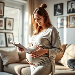 A serene and warm scene featuring a pregnant mother lovingly interacting with her teenage son in a cozy living room