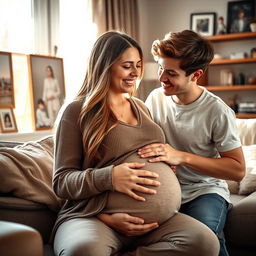 A serene and warm scene featuring a pregnant mother lovingly interacting with her teenage son in a cozy living room