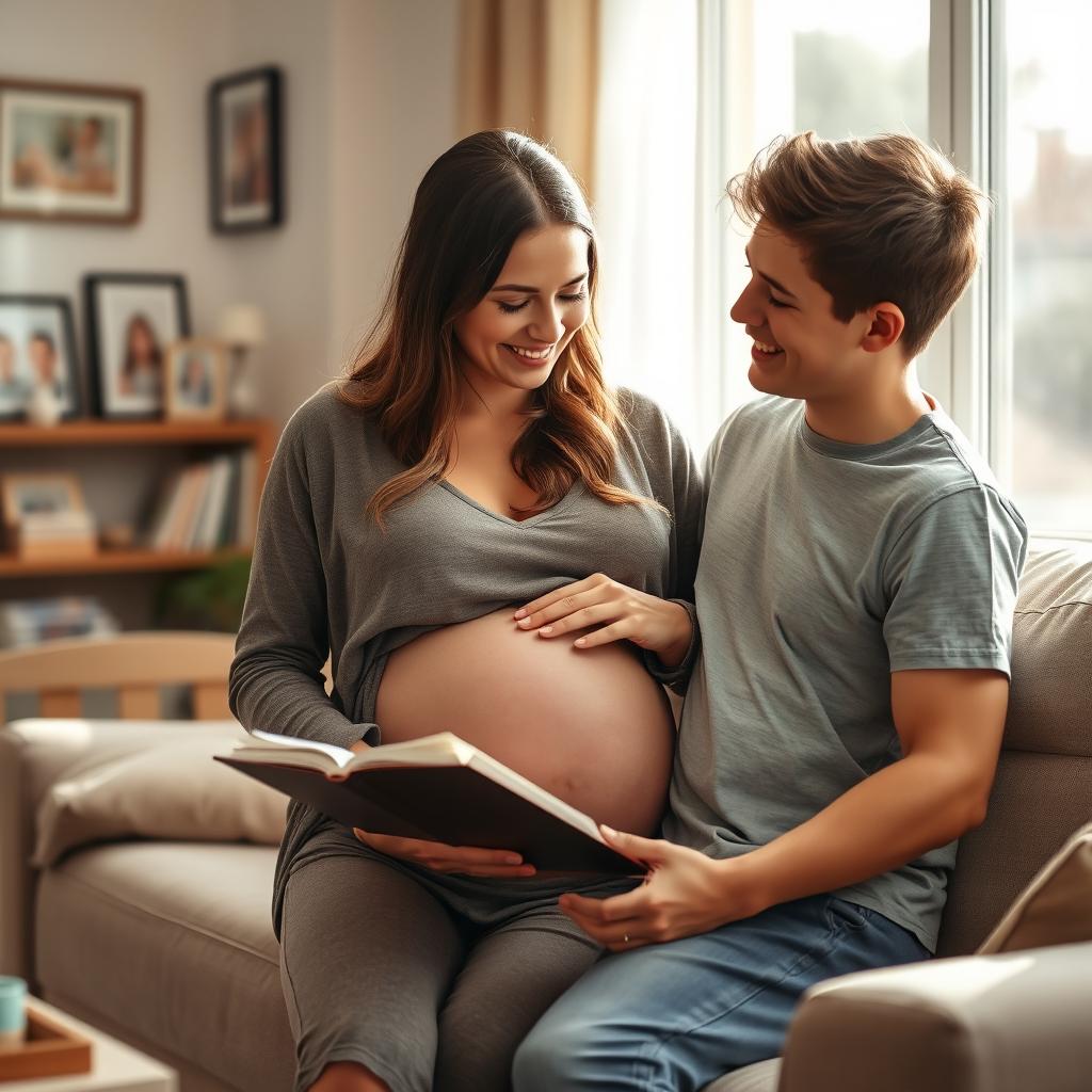 A serene and warm scene featuring a pregnant mother lovingly interacting with her teenage son in a cozy living room