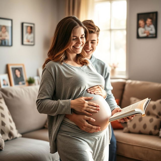 A serene and warm scene featuring a pregnant mother lovingly interacting with her teenage son in a cozy living room