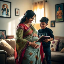A serene and warm scene featuring an Indian pregnant mother lovingly interacting with her teenage son in a cozy living room