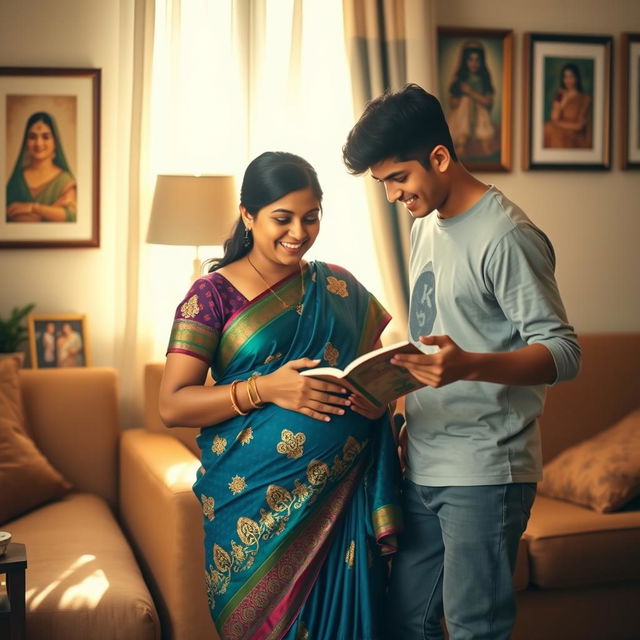 A serene and warm scene featuring an Indian pregnant mother lovingly interacting with her teenage son in a cozy living room