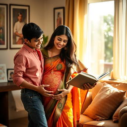 A serene and warm scene featuring an Indian pregnant mother lovingly interacting with her teenage son in a cozy living room