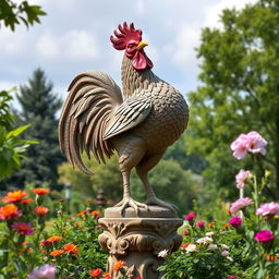 An intricately designed and ornate statue, showcasing the powerful and majestic form of a rooster with exaggerated proportions, standing tall on a pedestal amidst a serene garden setting