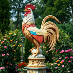An intricately designed and ornate statue, showcasing the powerful and majestic form of a rooster with exaggerated proportions, standing tall on a pedestal amidst a serene garden setting