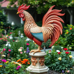 An intricately designed and ornate statue, showcasing the powerful and majestic form of a rooster with exaggerated proportions, standing tall on a pedestal amidst a serene garden setting