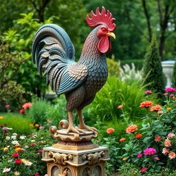 An intricately designed and ornate statue, showcasing the powerful and majestic form of a rooster with exaggerated proportions, standing tall on a pedestal amidst a serene garden setting