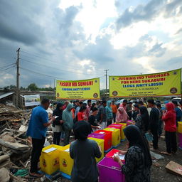 A dramatic scene depicting the aftermath of the Sukabumi disaster, showing the efforts of volunteers and community members engaging in a fundraising event