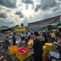 A dramatic scene depicting the aftermath of the Sukabumi disaster, showing the efforts of volunteers and community members engaging in a fundraising event