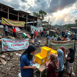 A dramatic scene depicting the aftermath of the Sukabumi disaster, showing the efforts of volunteers and community members engaging in a fundraising event