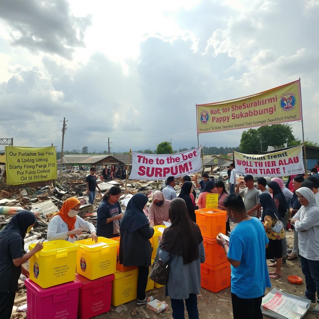 A dramatic scene depicting the aftermath of the Sukabumi disaster, showing the efforts of volunteers and community members engaging in a fundraising event